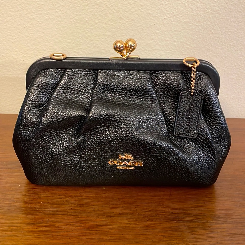 COACH Black Pebble-Leather Crossbody with Gold Chain 44-50” Adjustable Strap